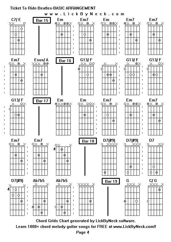 Chord Grids Chart of chord melody fingerstyle guitar song-Ticket To Ride-Beatles-BASIC ARRANGEMENT,generated by LickByNeck software.